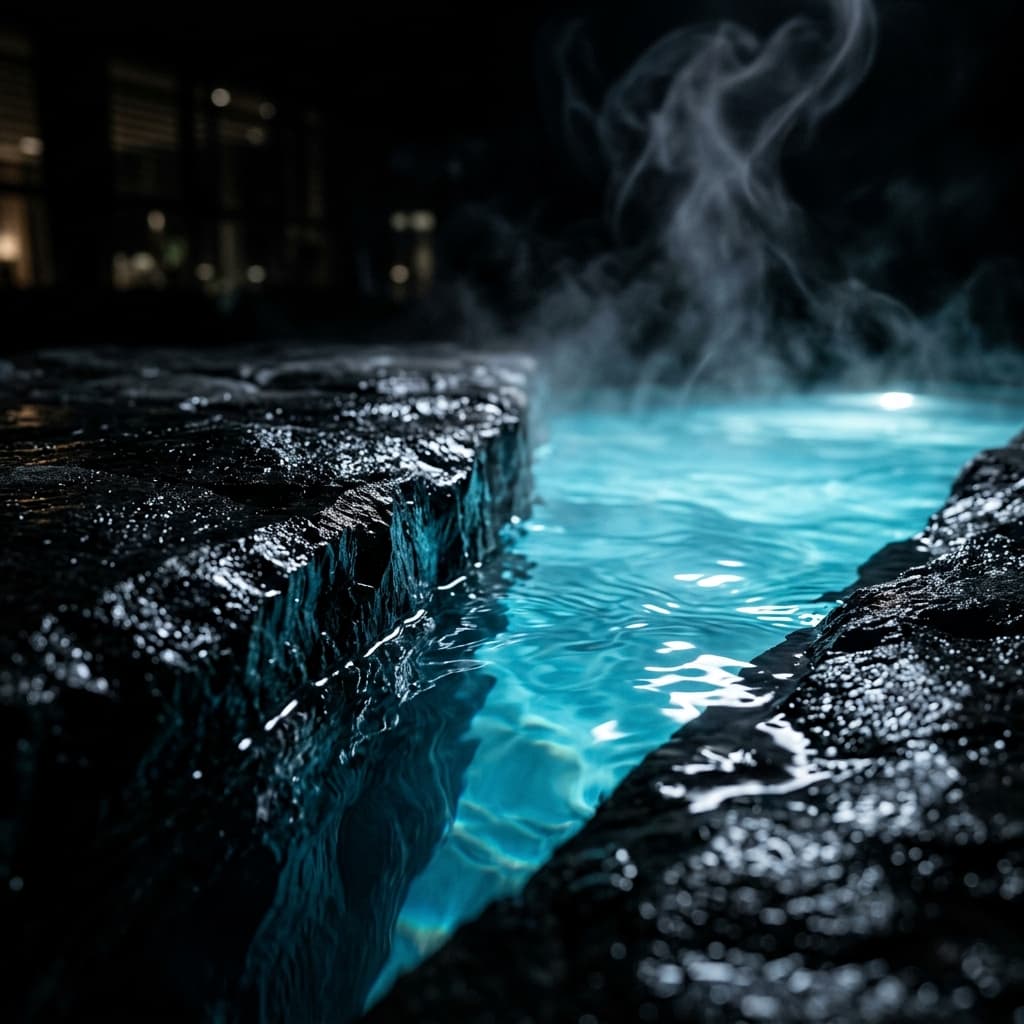 Elara Spa — underwater view of thermal pool with rising bubbles and candlelight